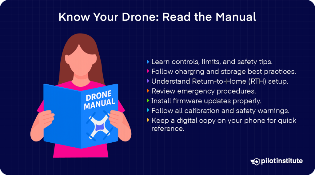 Illustration of a woman reading a “Drone Manual” with bullet-point tips emphasizing the importance of learning drone controls, safety procedures, firmware updates, and keeping a digital manual copy.