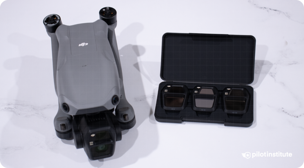 Photo of a DJI drone with a case that has filters for the camera lens.