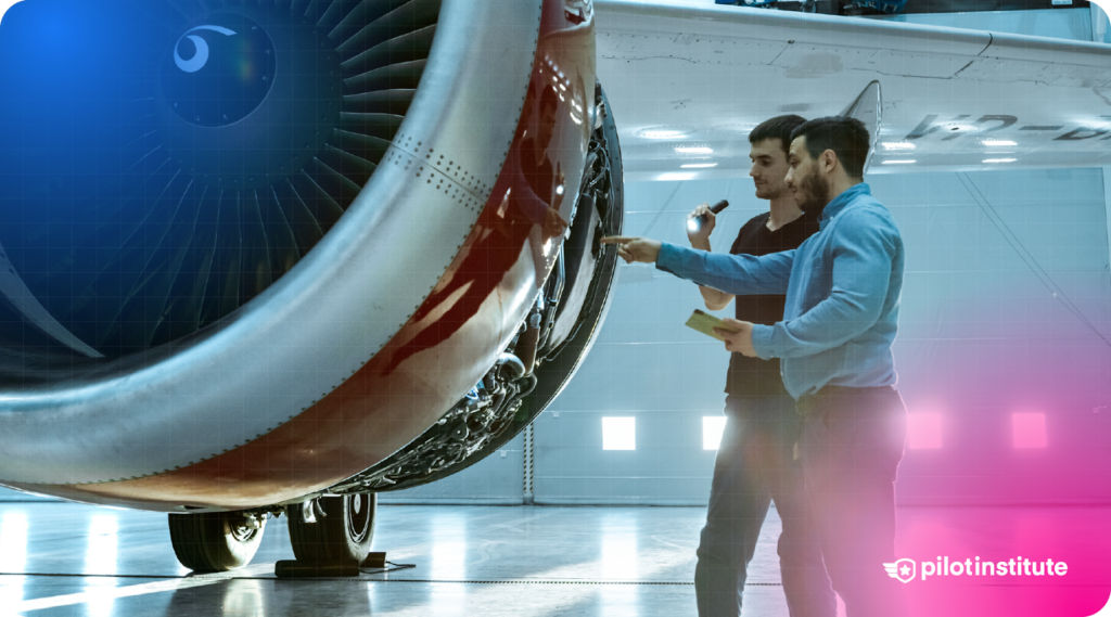 Two aviation technicians inspect a commercial jet engine in a hangar, with one holding a flashlight and the other taking notes.