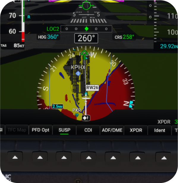 Closeup of the HSI map overlay on the Garmin G1000 NXi PFD.
